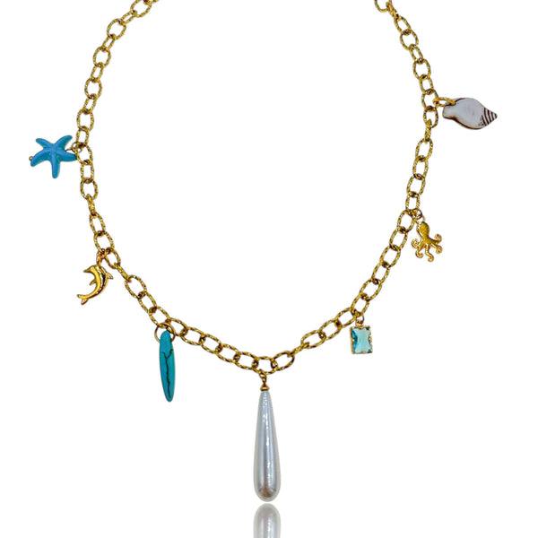 Κολιέ Αλυσίδα με Θαλασσινά Charms & Σταγόνα Πέρλας