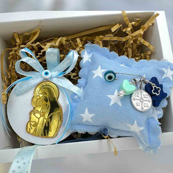 Σετ Δώρου Αγοριού – Μαξιλαράκι με Φυλαχτό & Εικόνα Παναγίας