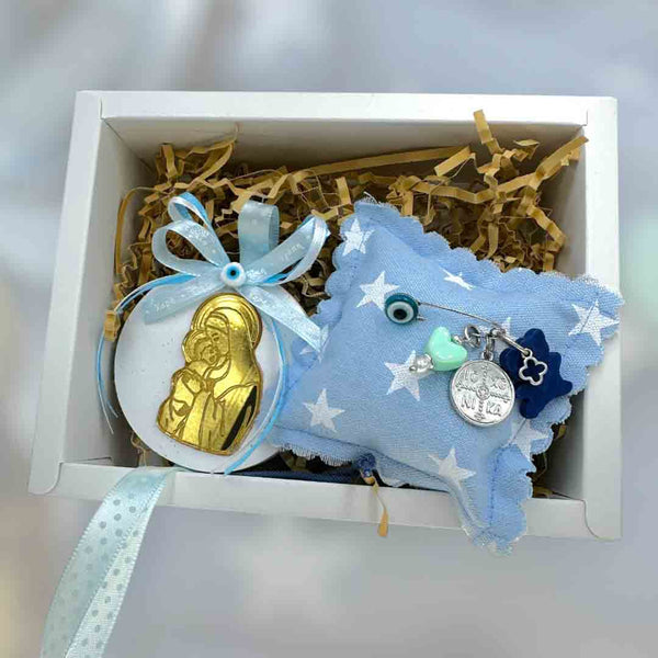 Σετ Δώρου Αγοριού – Μαξιλαράκι με Φυλαχτό & Εικόνα Παναγίας