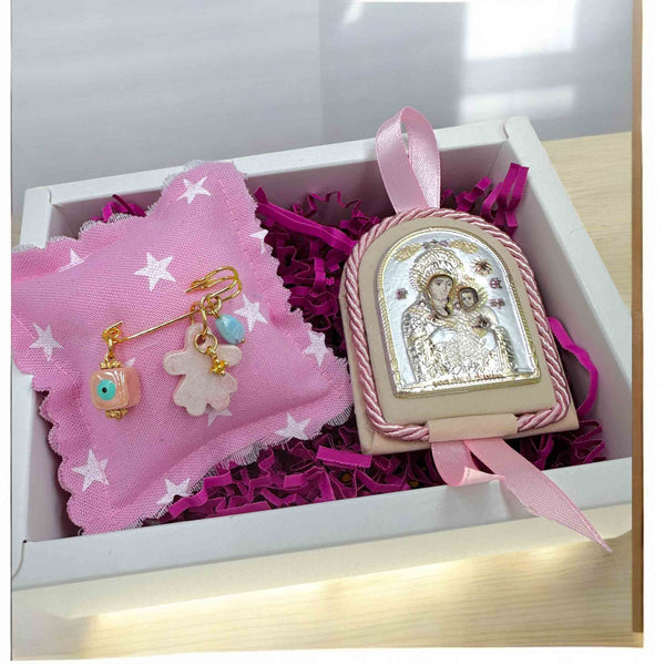 Σετ Δώρου Νεογέννητου Κοριτσιού Παραμάνα Βρεφική με Κοριτσάκι από Χαολίτη και Εικόνα Παναγίας-Χριστού