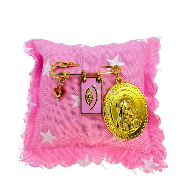 Παραμάνα Βρεφική Χρυσή με Παναγία και Ροζ Ματάκι για Κορίτσι