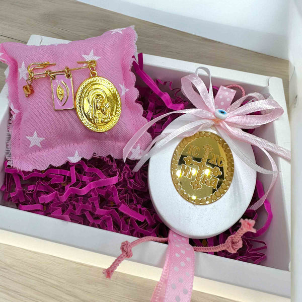 Σετ Δώρου Νεογέννητου Κοριτσιού Παραμάνα Βρεφική Για Κορίτσι με Φυλαχτό Εικόνα σε Κουτί Δώρου