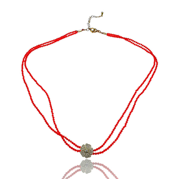 Διπλό κολιέ με κρυσταλλάκια και μενταγιόν lucky charm με πορτοκαλί ζιργκόν