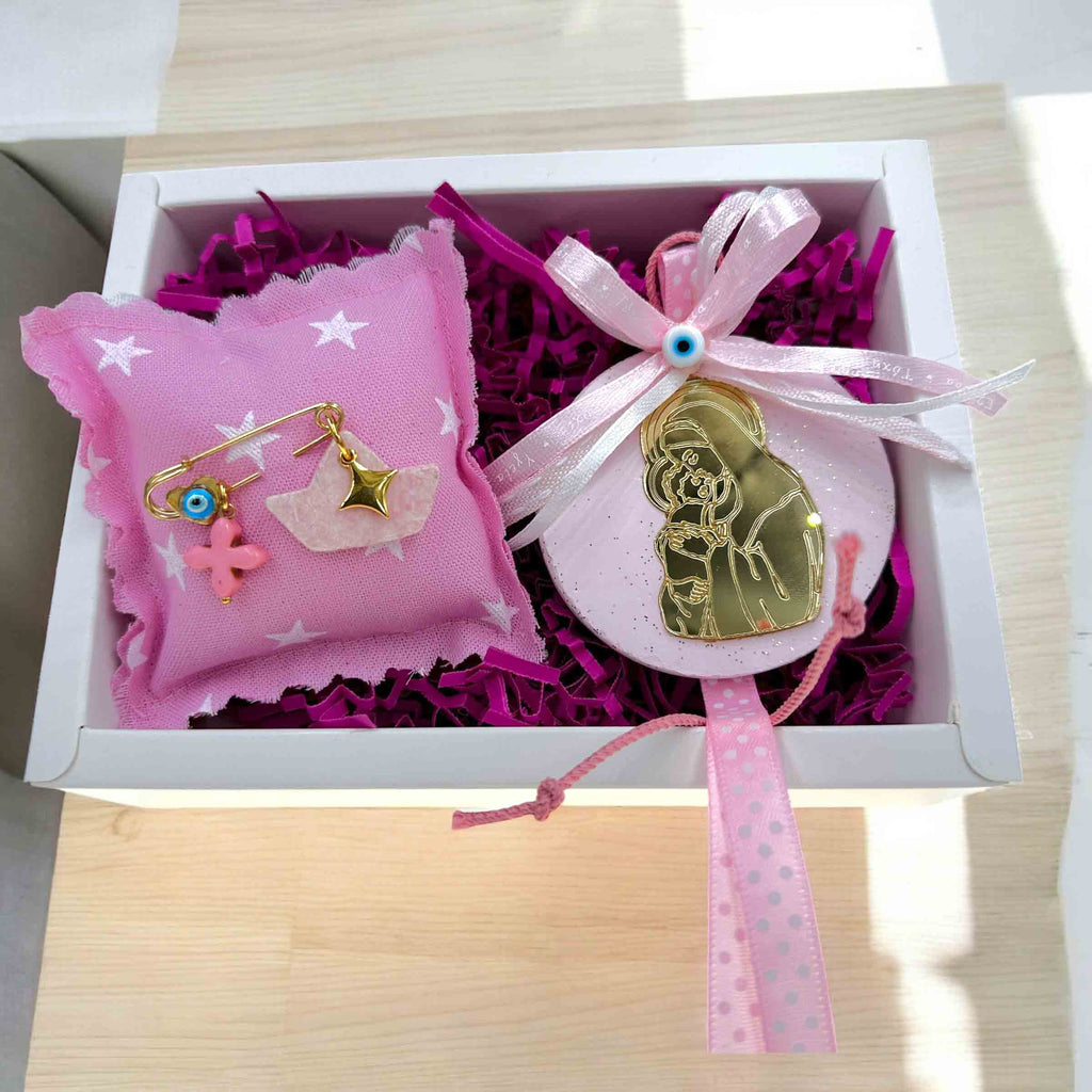 Σετ Δώρου Νεογέννητου Κοριτσιού με Καραβάκι από Χαολίτη και Εικόνα Παναγίας για Κορίτσι