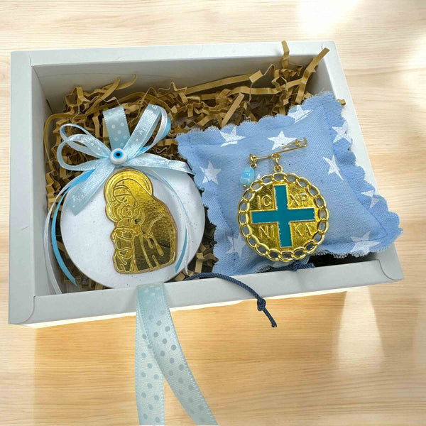 Σετ Νεογέννητου Αγοριού Παραμάνα Βρεφική με IC XC NIKA και Εικόνα Παναγίας-Χριστού