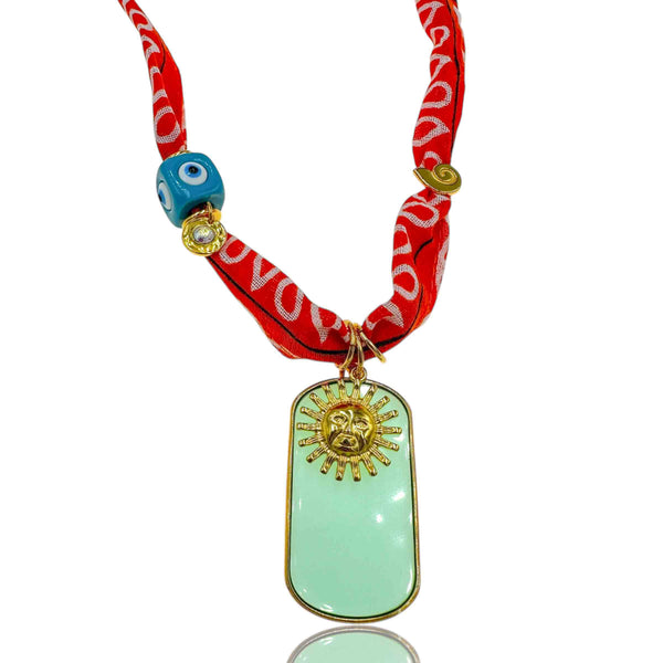 Κολιέ Μπαντάνα Πορτοκαλί με Χρυσό Ήλιο & Γούρι Ματάκι