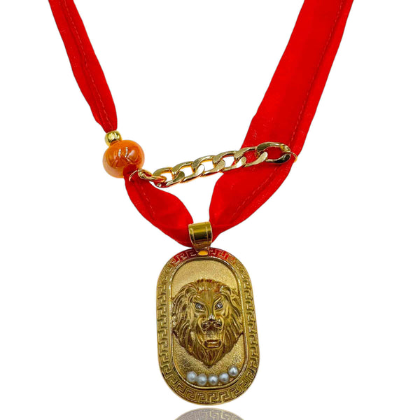 Κολιέ Μπαντάνα Πορτοκαλί με Χρυσό Λιοντάρι & Πέρλες