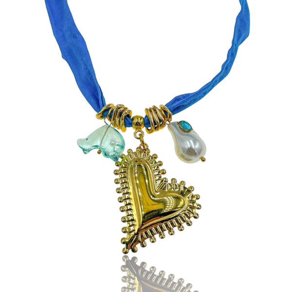 Κολιέ Μπαντάνα Μπλε με Καρδιά, Δελφίνι & Πέρλα