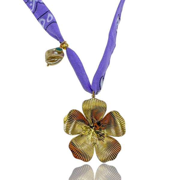 Κολιέ Μπαντάνα Μωβ με Χρυσό Λουλούδι & Διακοσμητικό Φυτό