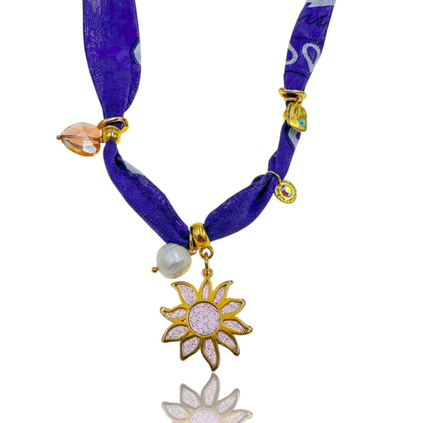 Κολιέ Μπαντάνα Μωβ με Ροζ Ήλιο, Πέρλα & Χάντρες