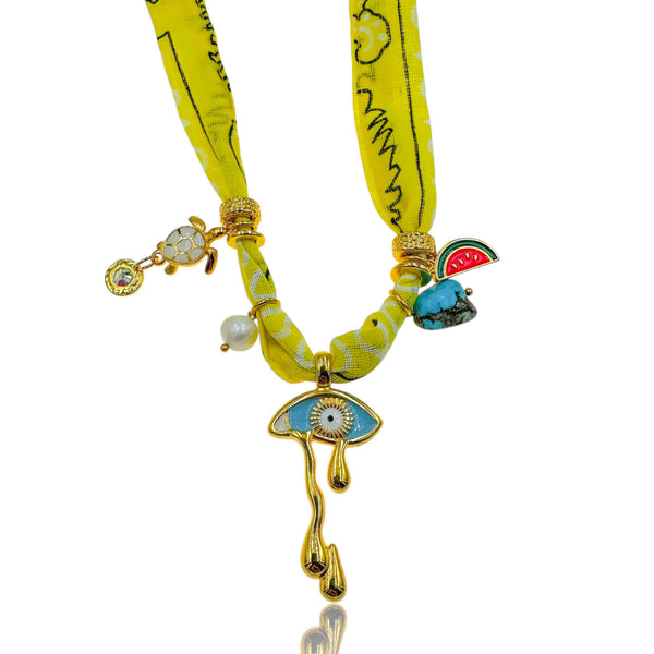 Κολιέ Μπαντάνα Κίτρινο με Μάτι, Καρπουζάκι & Χελώνα