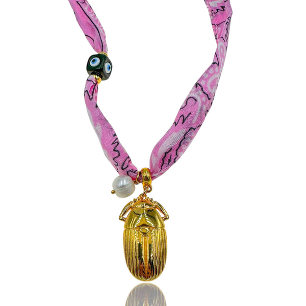Κολιέ Μπαντάνα Ροζ με Χρυσό Σκαραβαίο & Ματάκι