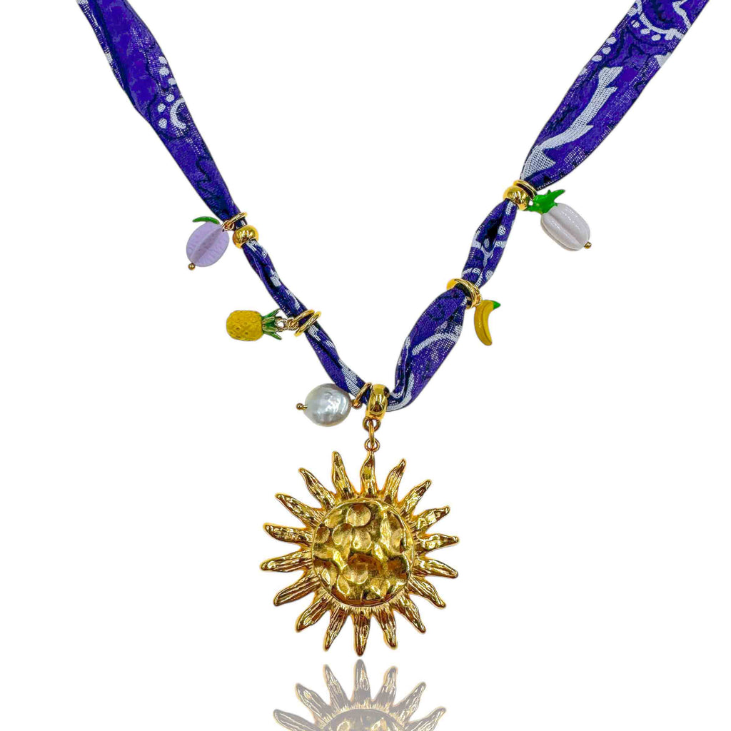 Κολιέ Μπαντάνα Μωβ με Ήλιο & Φρουτένια Charms
