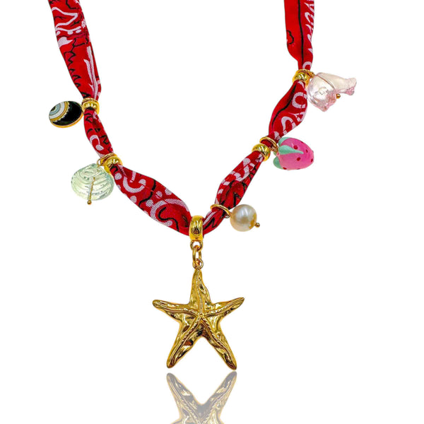 Κολιέ Μπαντάνα Κόκκινο με Αστερία & Φρουτένια Charms