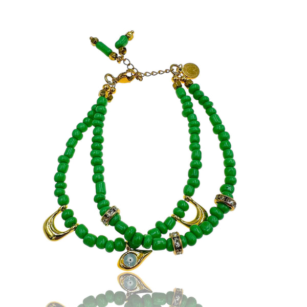Βραχιόλι με Πράσινες Χάντρες, Επίχρυσα Ορειχάλκινα Στοιχεία και Ματάκι