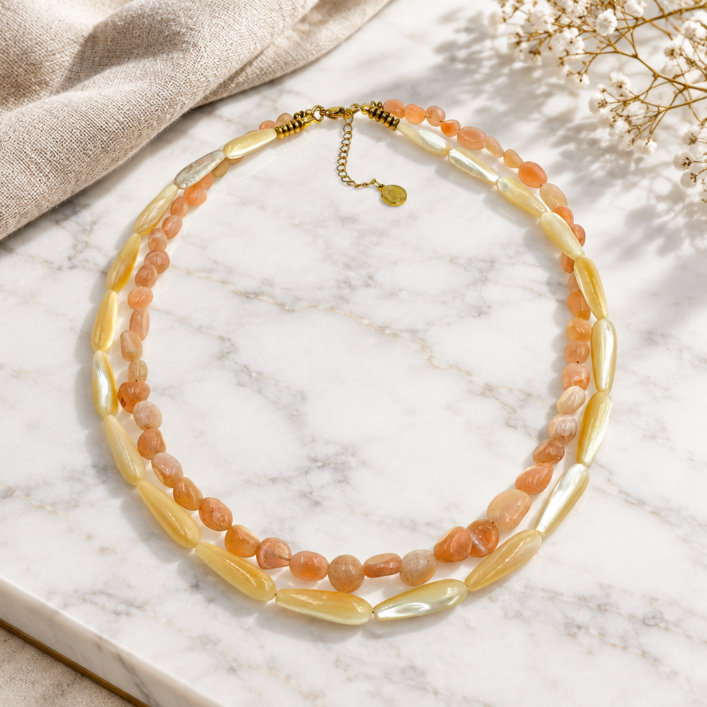 Διπλό Κολιέ με Ηλιόπετρα Sunstone & Φίλντισι