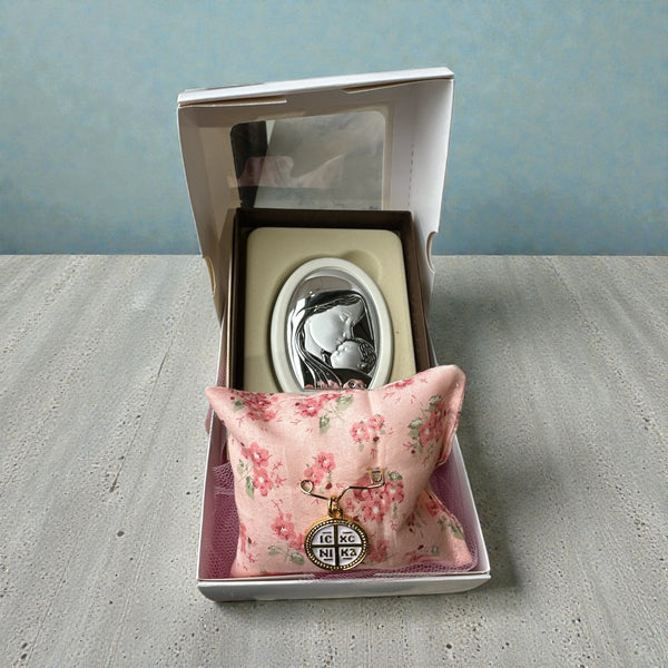 Baby Kit Νεογέννητου Κοριτσιού – Επιτραπέζια Εικόνα Παναγίας & Παραμάνα IC XC NIKA