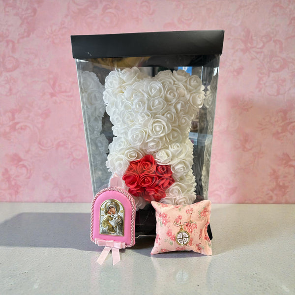 Baby Gift Set για Νεογέννητο Κοριτσιού – Λευκό Αρκουδάκι από Τριαντάφυλλα με Παραμάνα IC XC NIKA & Εικόνα Παναγίας