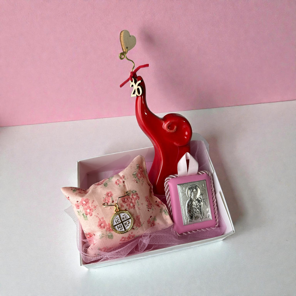 Baby Kit Νεογέννητου Κοριτσιού – Κεραμικός Ελέφαντας με Καρδιά, Παραμάνα IC XC NIKA & Εικόνα Παναγίας