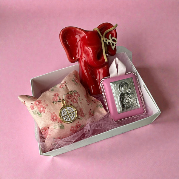 Baby Kit Νεογέννητου Κοριτσιού – Κεραμικός Κόκκινος Ελέφαντας, Παραμάνα IC XC NIKA & Εικόνα Παναγίας