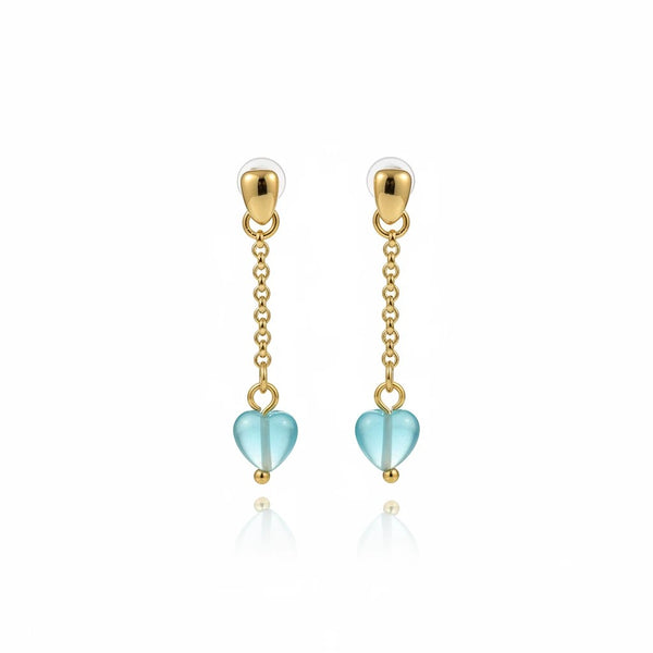elephantina.gr baby blue cat's eye heart drop earrings with 24K gold-plated brass chain