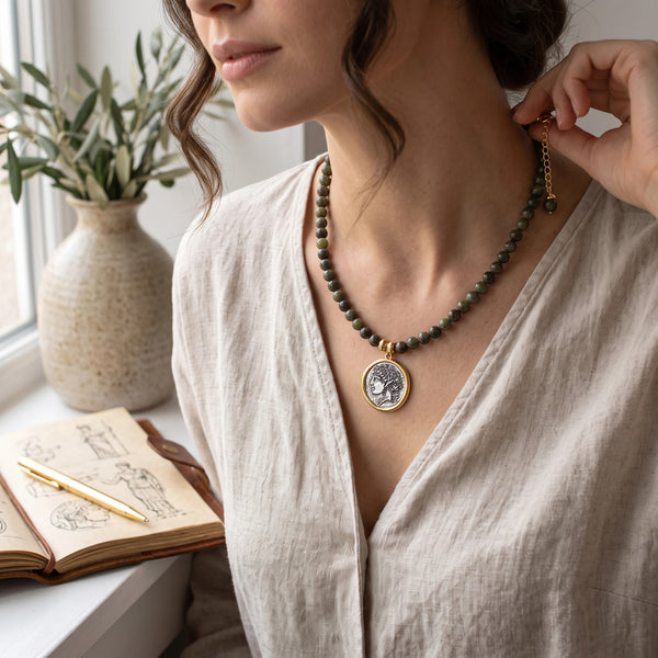 elephantina.gr Bahh necklace featuring dark green gemstone beads and a gold-rimmed ancient Greek coin pendant