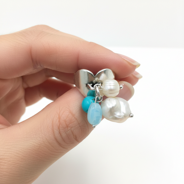 elephantina.gr handmade silver-tone brass ring featuring a baroque pearl, turquoise, and light blue beads
