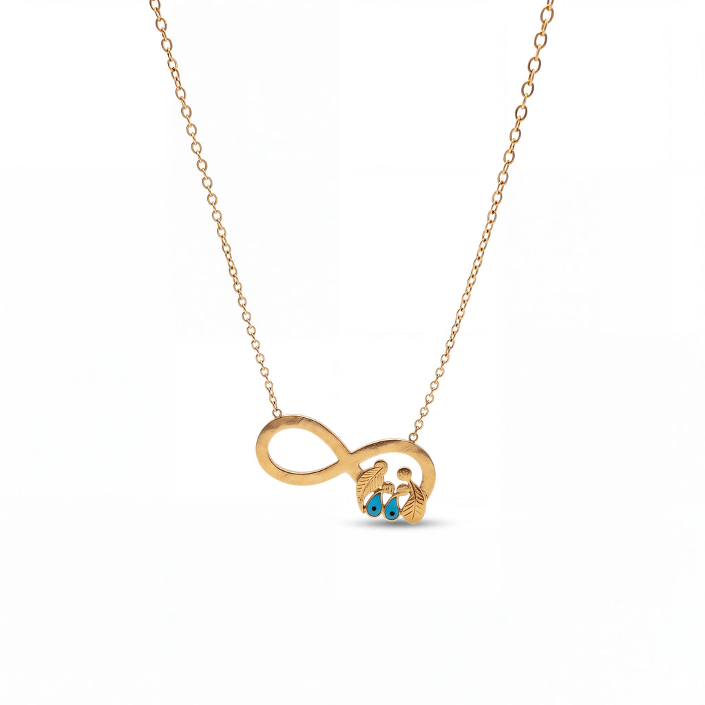 elephantina.gr gold infinity necklace featuring a mother and child charm with two blue evil eye accents