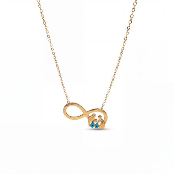 elephantina.gr gold infinity necklace featuring a mother and child charm with two blue evil eye accents