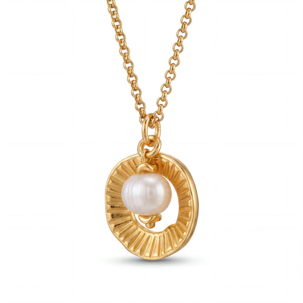 elephantina.gr gold plated necklace featuring a textured circular pendant with a central white freshwater pearl