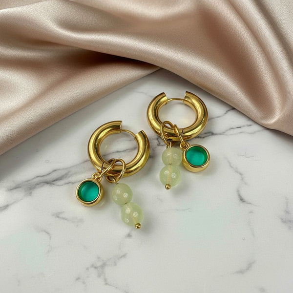 elephantina.gr 24K gold-plated steel hoop earrings with green stained glass and light green bead charms