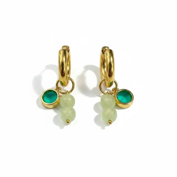 elephantina.gr 24K gold-plated steel hoop earrings with green stained glass and light green bead charms, 3cm length.
