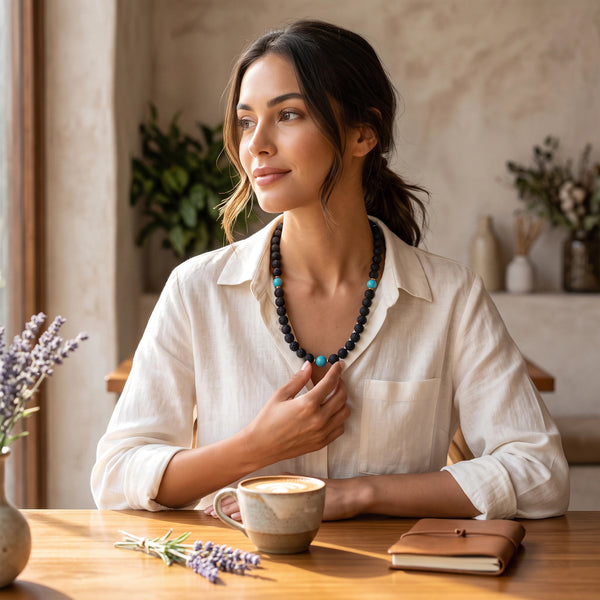 A woman wearing an elephantina.gr black lava stone beaded necklace with turquoise accents in a cozy cafe setting.