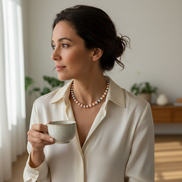 Woman wearing an elephantina.gr multi-colored pearl necklace with a white silk shirt while holding a ceramic cup