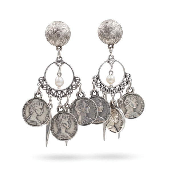 elephantina.gr silver coin chandelier earrings featuring dangling Australian coins, pearl accents, and swirl studs.