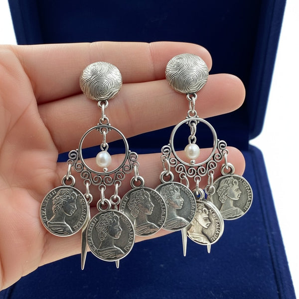 elephantina.gr silver coin drop earrings with textured studs, pearl accents, and dangling vintage-style coin charms