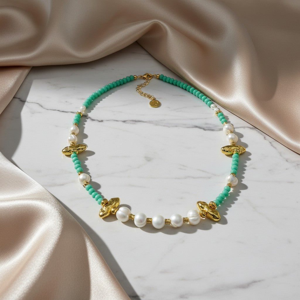 Elephantina.gr "Gaia" necklace with pearls, turquoise crystals, and gold abstract motifs. Adjustable length.