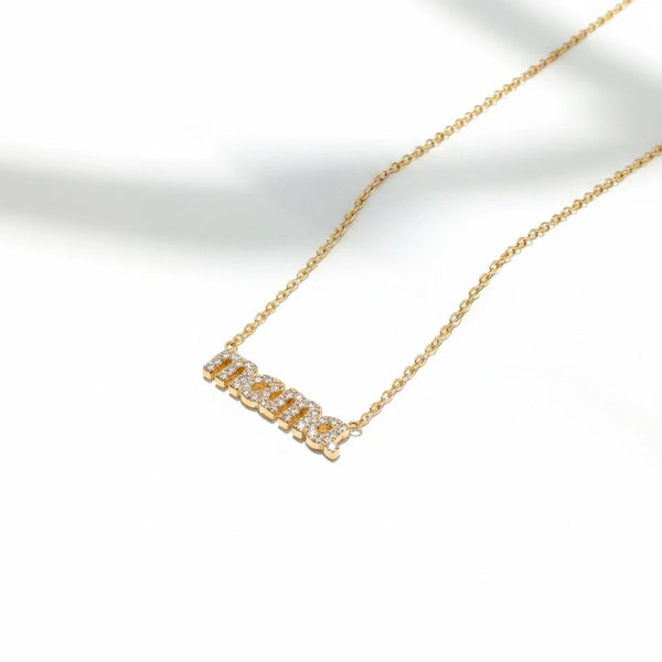 elephantina.gr gold plated stainless steel necklace with "mama" pendant adorned with white zircons. 40cm chain with 5cm extension.