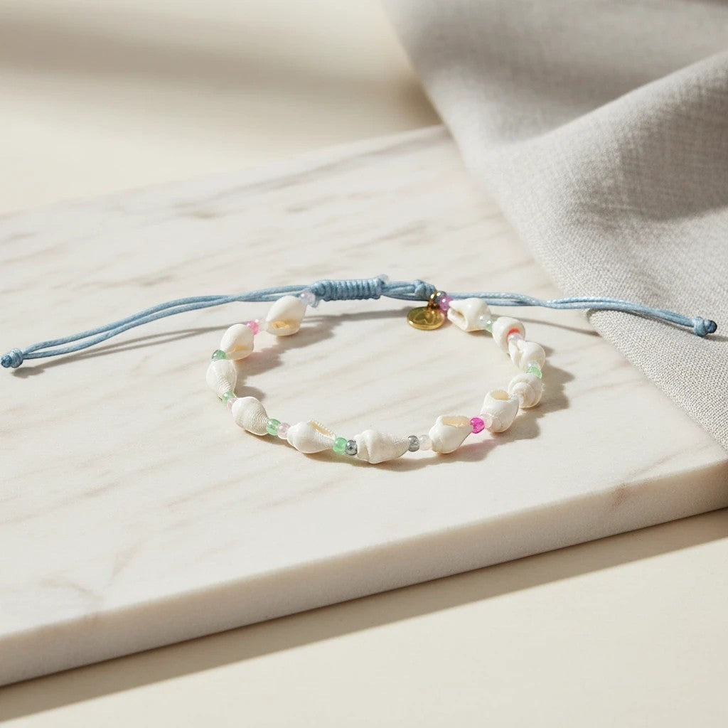 elephantina.gr anklet with colorful beads and cowrie shells, adjustable blue cord, perfect summer accessory