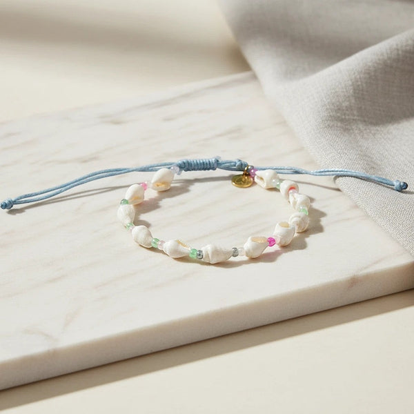 elephantina.gr anklet with colorful beads and cowrie shells, adjustable blue cord, perfect summer accessory