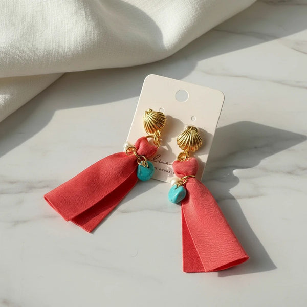 Elephantina.gr gold seashell earrings with coral ribbon and turquoise stones