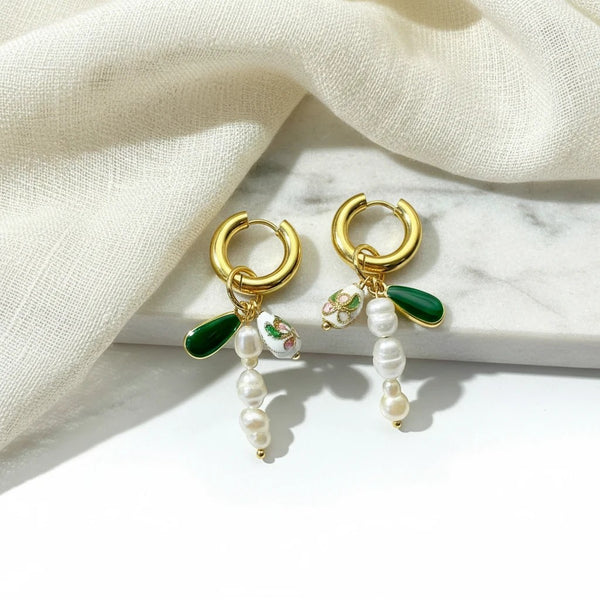 elephantina.gr gold hoop earrings with millefiori beads, green enamel drops, and white cultured barrel pearls.