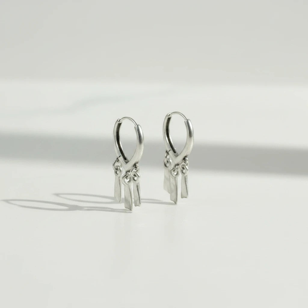 elephantina.gr silver hoop earrings with geometric charms and dangling spikes, 3cm length