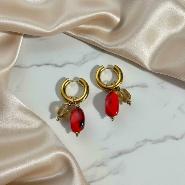 Elephantina.gr gold plated stainless steel hoop earrings with red and caramel synthetic beads. 3.5cm length.