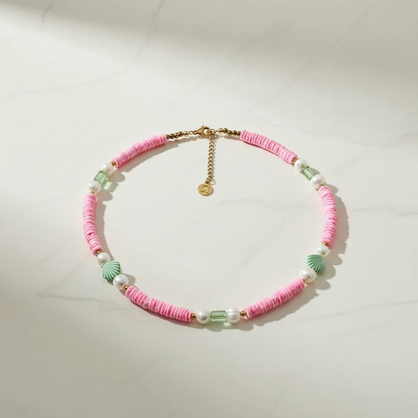 Elephantina.gr pink shell necklace with pearls and green accents, 24K gold plated brass, 40cm + 5cm extension