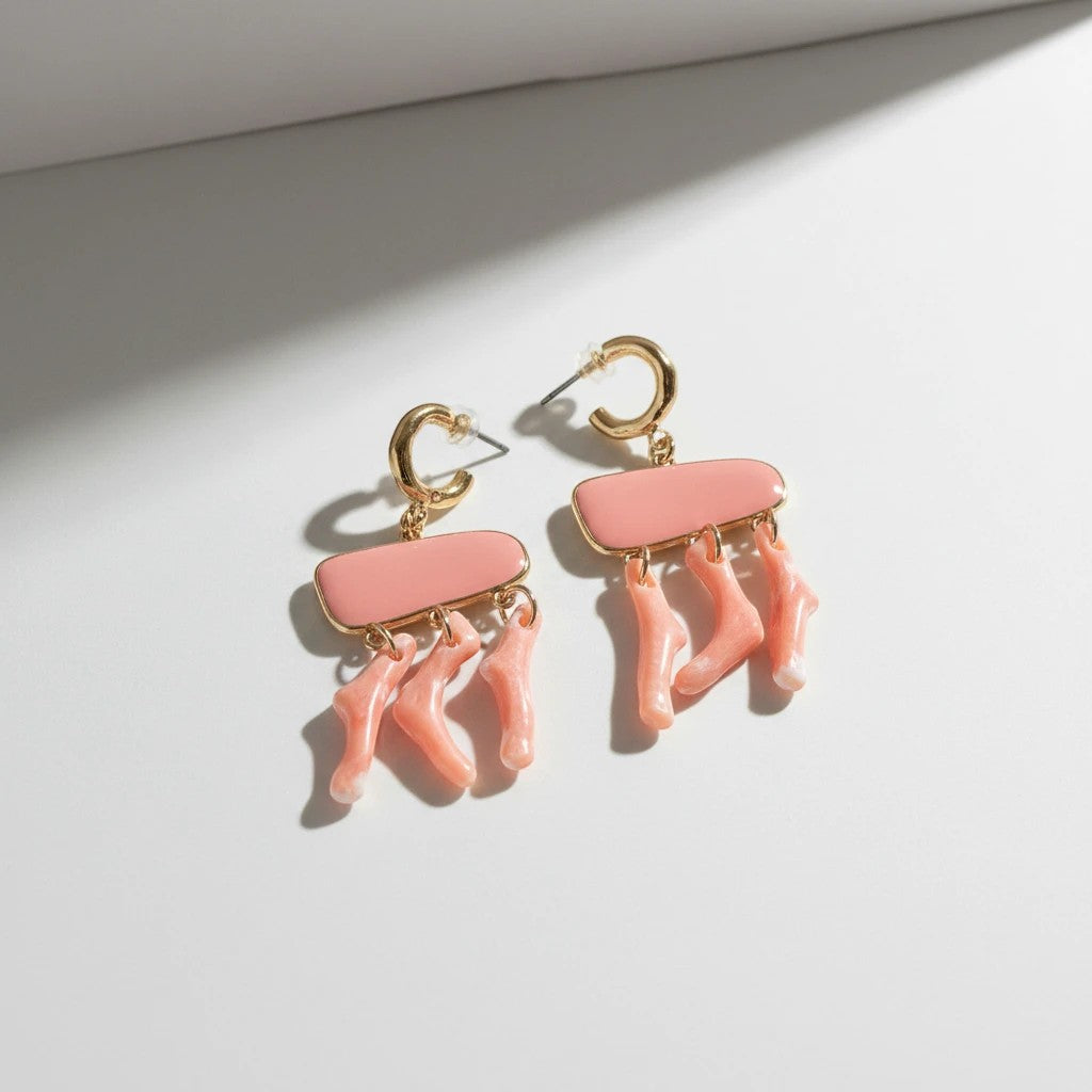 Elephantina.gr coral drop earrings with peach enamel and gold hoops.