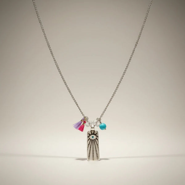 elephantina.gr silver stainless steel necklace with eye pendant, tassels, and blue stone. 45cm chain with 5cm extension.