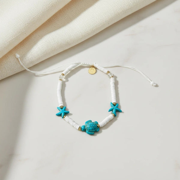 elephantina.gr white cord anklet with turquoise turtle and starfish charms, adjustable size