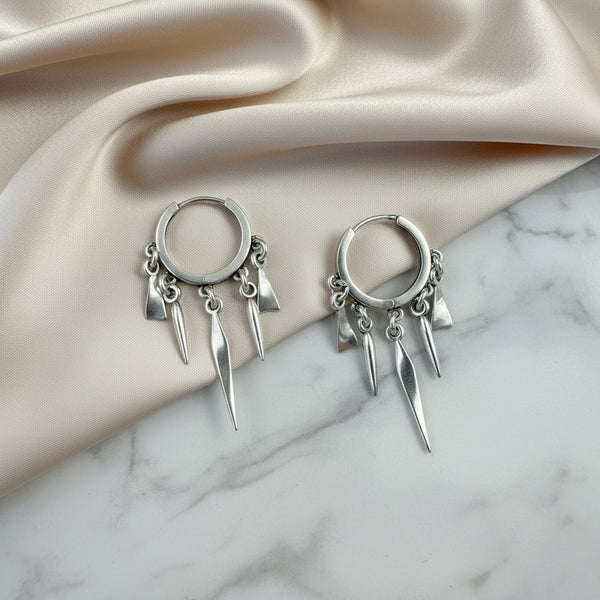 elephantina.gr silver hoop earrings with dangling spikes, 3cm length, modern edgy design