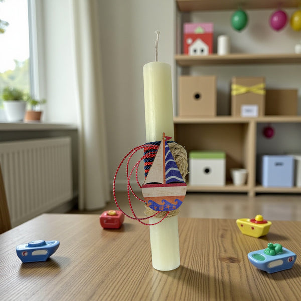 Χειροποίητη Πασχαλινή Λαμπάδα με Καράβι και σχοινί